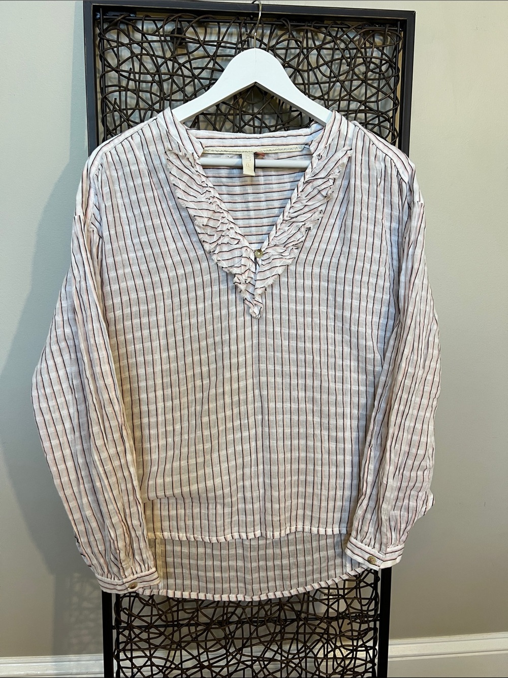 Pilcro Brianna Ruffle Blouse Stripe Tunic Anthropologie Corporate goth academi S